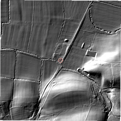 Shaded relief map of the ground around CV359DF, computed from Environment Agency LiDAR. The ground here sits at about 70 m above sea level and falls 36 m across the surrounding 800 m. Surface water reaching this point runs off ground lying to the east-south-east, 10.8 m higher.