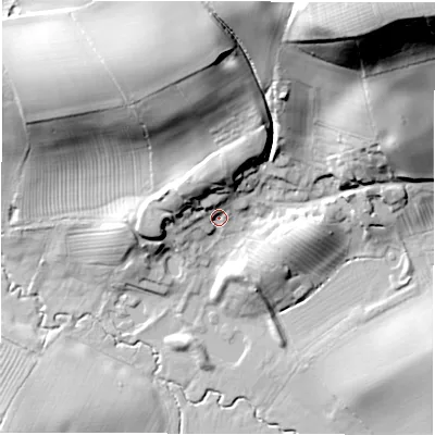 Shaded relief map of the ground around CV359DR, computed from Environment Agency LiDAR. The ground here sits at about 59 m above sea level and falls 47 m across the surrounding 800 m. Surface water reaching this point runs off ground lying to the north-west, 10.1 m higher.