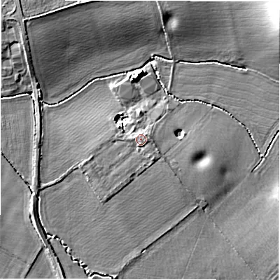 Shaded relief map of the ground around CV359EB, computed from Environment Agency LiDAR. The ground here sits at about 49 m above sea level and falls 10 m across the surrounding 800 m. Surface water reaching this point runs off ground lying to the south, 1.1 m higher.