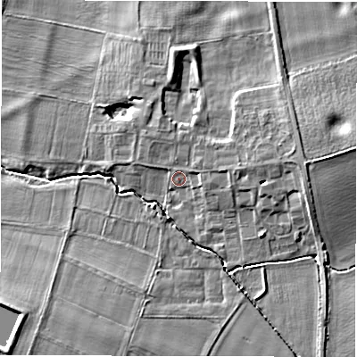 Shaded relief map of the ground around CV359ED, computed from Environment Agency LiDAR. The ground here sits at about 45 m above sea level and falls 7 m across the surrounding 800 m. Surface water reaching this point runs off ground lying to the east, 2.7 m higher.