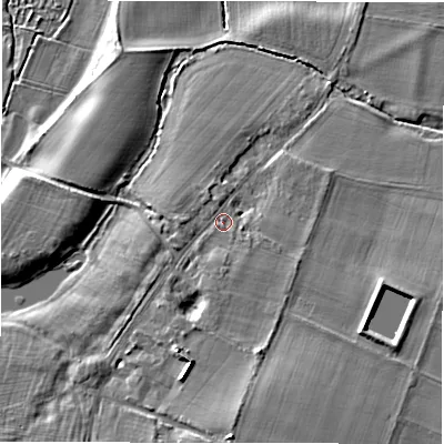 Shaded relief map of the ground around CV359EW, computed from Environment Agency LiDAR. The ground here sits at about 44 m above sea level and falls 10 m across the surrounding 800 m. Surface water reaching this point runs off ground lying to the west-south-west, 0.8 m higher.