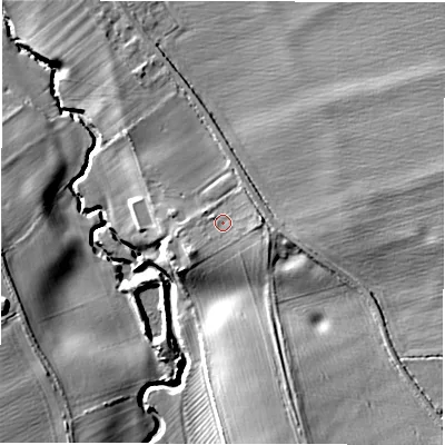 Shaded relief map of the ground around CV359HG, computed from Environment Agency LiDAR. The ground here sits at about 51 m above sea level and falls 14 m across the surrounding 800 m. Surface water reaching this point runs off ground lying to the east, 2.7 m higher.