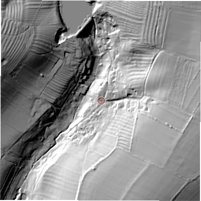 Shaded relief map of the ground around CV359HP, computed from Environment Agency LiDAR. The ground here sits at about 75 m above sea level and falls 47 m across the surrounding 800 m. Surface water reaching this point runs off ground lying to the east-south-east, 37.5 m higher.