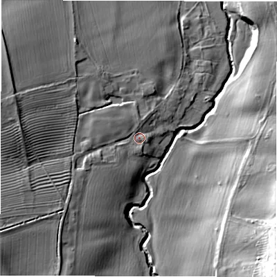 Shaded relief map of the ground around CV359HX, computed from Environment Agency LiDAR. The ground here sits at about 51 m above sea level and falls 25 m across the surrounding 800 m. Surface water reaching this point runs off ground lying to the south-west, 5.8 m higher.