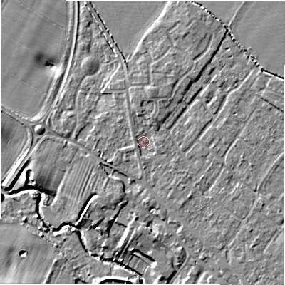 Shaded relief map of the ground around CV359LX, computed from Environment Agency LiDAR. The ground here sits at about 47 m above sea level and falls 8 m across the surrounding 800 m. Surface water reaching this point runs off ground lying to the south-east, 1.1 m higher.