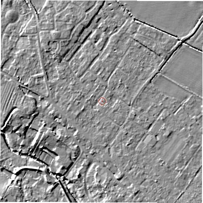 Shaded relief map of the ground around CV359PB, computed from Environment Agency LiDAR. The ground here sits at about 48 m above sea level and falls 8 m across the surrounding 800 m. Surface water reaching this point runs off ground lying to the south-south-east, 1.3 m higher.