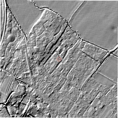 Shaded relief map of the ground around CV359PD, computed from Environment Agency LiDAR. The ground here sits at about 48 m above sea level and falls 10 m across the surrounding 800 m. Surface water reaching this point runs off ground lying to the south, 1.0 m higher.