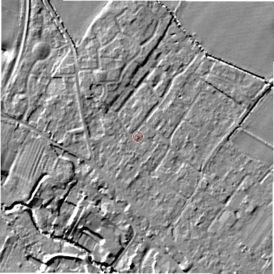 Shaded relief map of the ground around CV359PJ, computed from Environment Agency LiDAR. The ground here sits at about 48 m above sea level and falls 8 m across the surrounding 800 m. Surface water reaching this point runs off ground lying to the south-south-east, 1.4 m higher.