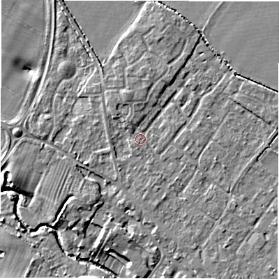 Shaded relief map of the ground around CV359PL, computed from Environment Agency LiDAR. The ground here sits at about 48 m above sea level and falls 8 m across the surrounding 800 m. Surface water reaching this point runs off ground lying to the south-south-east, 1.5 m higher.