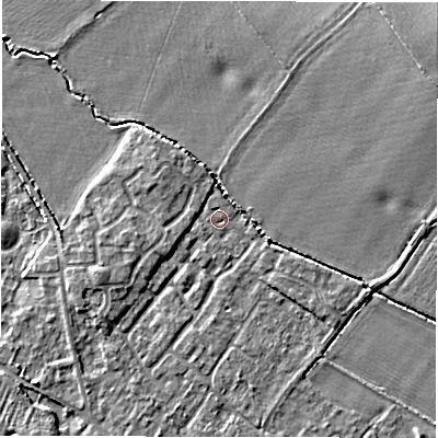 Shaded relief map of the ground around CV359PN, computed from Environment Agency LiDAR. The ground here sits at about 47 m above sea level and falls 11 m across the surrounding 800 m. Surface water reaching this point runs off ground lying to the west-south-west, 2.9 m higher.
