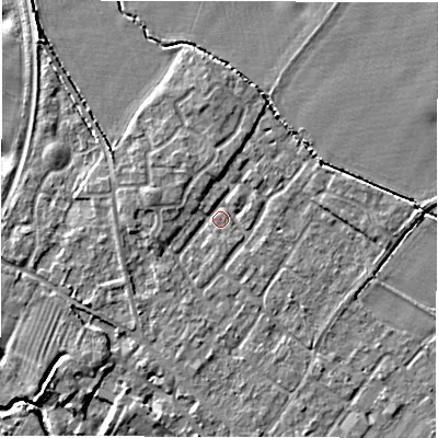 Shaded relief map of the ground around CV359PP, computed from Environment Agency LiDAR. The ground here sits at about 47 m above sea level and falls 10 m across the surrounding 800 m. Surface water reaching this point runs off ground lying to the west-north-west, 2.1 m higher.