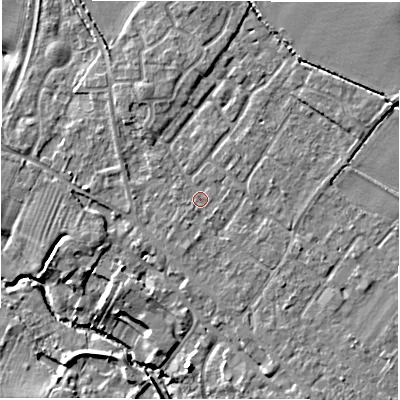 Shaded relief map of the ground around CV359PQ, computed from Environment Agency LiDAR. The ground here sits at about 48 m above sea level and falls 8 m across the surrounding 800 m. Surface water reaching this point runs off ground lying to the south-south-east, 1.4 m higher.