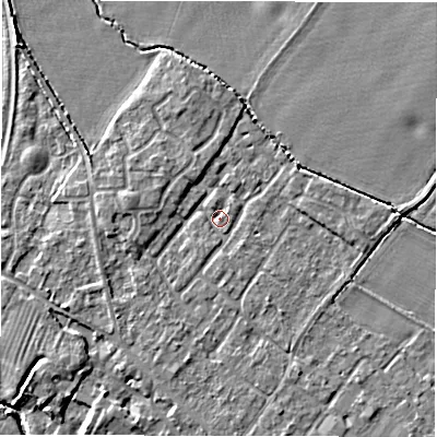 Shaded relief map of the ground around CV359PR, computed from Environment Agency LiDAR. The ground here sits at about 47 m above sea level and falls 10 m across the surrounding 800 m. Surface water reaching this point runs off ground lying to the south, 1.2 m higher.