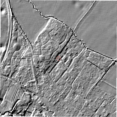 Shaded relief map of the ground around CV359PS, computed from Environment Agency LiDAR. The ground here sits at about 47 m above sea level and falls 10 m across the surrounding 800 m. Surface water reaching this point runs off ground lying to the west, 2.1 m higher.