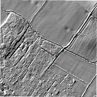 Shaded relief map of the ground around CV359PW, computed from Environment Agency LiDAR. The ground here sits at about 48 m above sea level and falls 14 m across the surrounding 800 m. The ground contributing surface water to this point lies to the south-south-east.