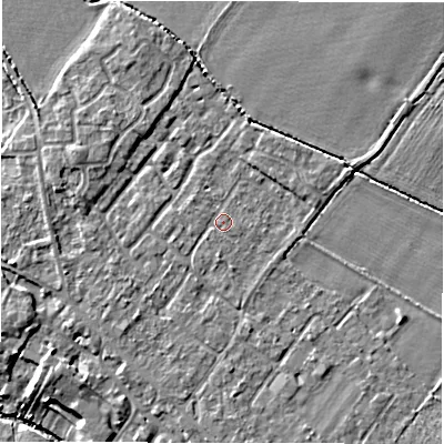 Shaded relief map of the ground around CV359QB, computed from Environment Agency LiDAR. The ground here sits at about 48 m above sea level and falls 11 m across the surrounding 800 m. Surface water reaching this point runs off ground lying to the south, 1.0 m higher.