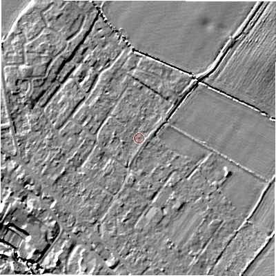 Shaded relief map of the ground around CV359QD, computed from Environment Agency LiDAR. The ground here sits at about 48 m above sea level and falls 11 m across the surrounding 800 m. Surface water reaching this point runs off ground lying to the south-south-west, 1.0 m higher.