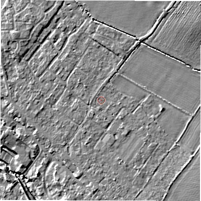 Shaded relief map of the ground around CV359QE, computed from Environment Agency LiDAR. The ground here sits at about 48 m above sea level and falls 10 m across the surrounding 800 m. Surface water reaching this point runs off ground lying to the south-south-east, 1.1 m higher.
