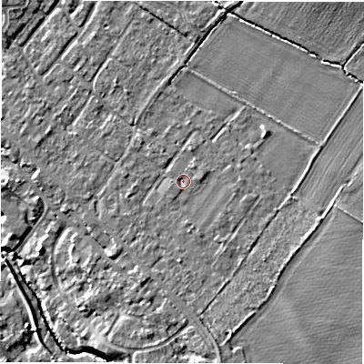 Shaded relief map of the ground around CV359QG, computed from Environment Agency LiDAR. The ground here sits at about 48 m above sea level and falls 9 m across the surrounding 800 m. Surface water reaching this point runs off ground lying to the north-north-west, 0.9 m higher.