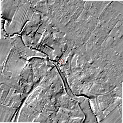 Shaded relief map of the ground around CV359QP, computed from Environment Agency LiDAR. The ground here sits at about 46 m above sea level and falls 9 m across the surrounding 800 m. Surface water reaching this point runs off ground lying to the south-east, 6.8 m higher.
