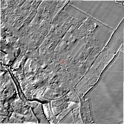 Shaded relief map of the ground around CV359QQ, computed from Environment Agency LiDAR. The ground here sits at about 49 m above sea level and falls 9 m across the surrounding 800 m. Surface water reaching this point runs off ground lying to the south-east, 2.2 m higher.