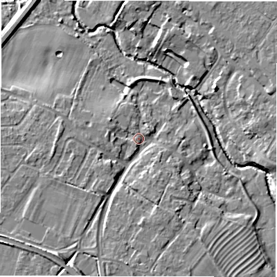 Shaded relief map of the ground around CV359QS, computed from Environment Agency LiDAR. The ground here sits at about 46 m above sea level and falls 11 m across the surrounding 800 m. Surface water reaching this point runs off ground lying to the south-south-west, 6.3 m higher.