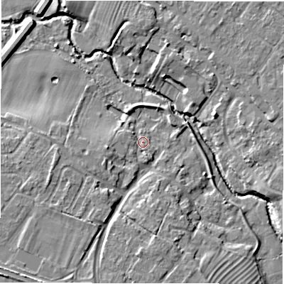Shaded relief map of the ground around CV359QT, computed from Environment Agency LiDAR. The ground here sits at about 45 m above sea level and falls 9 m across the surrounding 800 m. Surface water reaching this point runs off ground lying to the west-south-west, 3.6 m higher.