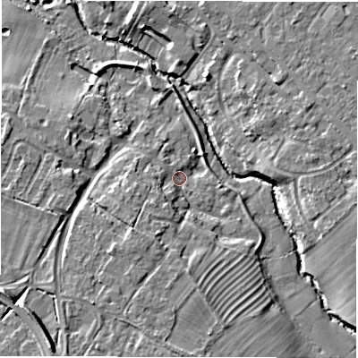Shaded relief map of the ground around CV359QU, computed from Environment Agency LiDAR. The ground here sits at about 45 m above sea level and falls 11 m across the surrounding 800 m. Surface water reaching this point runs off ground lying to the south-south-west, 6.4 m higher.