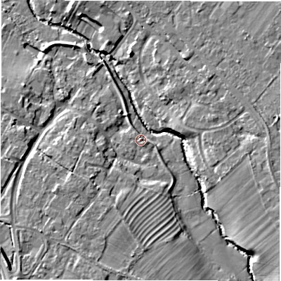 Shaded relief map of the ground around CV359QX, computed from Environment Agency LiDAR. The ground here sits at about 45 m above sea level and falls 11 m across the surrounding 800 m. Surface water reaching this point runs off ground lying to the south-south-west, 5.4 m higher.