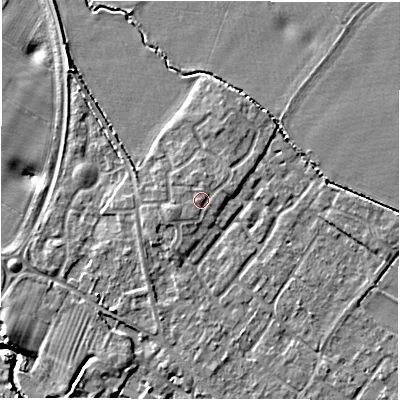 Shaded relief map of the ground around CV359UF, computed from Environment Agency LiDAR. The ground here sits at about 48 m above sea level and falls 9 m across the surrounding 800 m. Surface water reaching this point runs off ground lying to the west-south-west, 1.1 m higher.