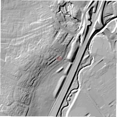 Shaded relief map of the ground around CV35AS, computed from Environment Agency LiDAR. The ground here sits at about 72 m above sea level and falls 18 m across the surrounding 800 m. Surface water reaching this point runs off ground lying to the north-north-west, 5.1 m higher.
