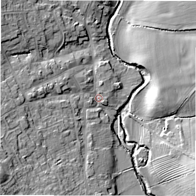 Shaded relief map of the ground around CV364AN, computed from Environment Agency LiDAR. The ground here sits at about 63 m above sea level and falls 19 m across the surrounding 800 m. Surface water reaching this point runs off ground lying to the south-west, 14.8 m higher.