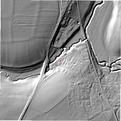 Shaded relief map of the ground around CV364GS, computed from Environment Agency LiDAR. The ground here sits at about 58 m above sea level and falls 26 m across the surrounding 800 m. Surface water reaching this point runs off ground lying to the south-south-east, 12.7 m higher.