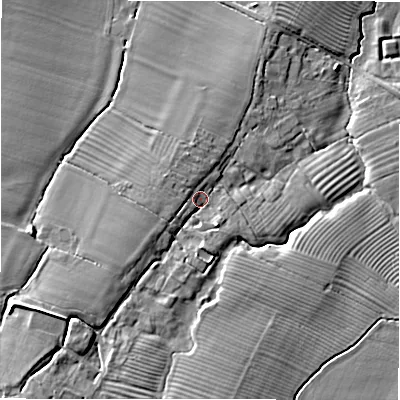 Shaded relief map of the ground around CV364JN, computed from Environment Agency LiDAR. The ground here sits at about 69 m above sea level and falls 16 m across the surrounding 800 m. Surface water reaching this point runs off ground lying to the south-west, 8.8 m higher.