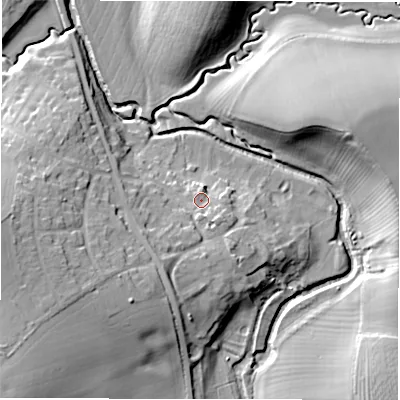 Shaded relief map of the ground around CV364NJ, computed from Environment Agency LiDAR. The ground here sits at about 60 m above sea level and falls 29 m across the surrounding 800 m. Surface water reaching this point runs off ground lying to the south-south-east, 5.4 m higher.