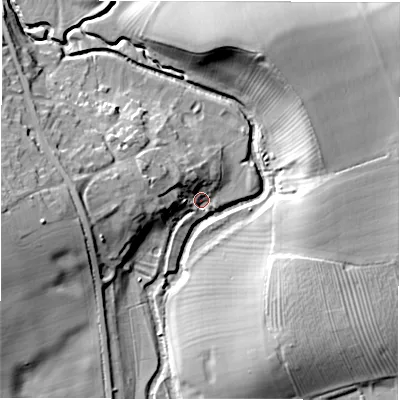 Shaded relief map of the ground around CV364NQ, computed from Environment Agency LiDAR. The ground here sits at about 56 m above sea level and falls 22 m across the surrounding 800 m. Surface water reaching this point runs off ground lying to the west-north-west, 10.3 m higher.