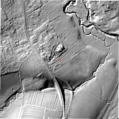 Shaded relief map of the ground around CV364SG, computed from Environment Agency LiDAR. The ground here sits at about 72 m above sea level and falls 23 m across the surrounding 800 m. Surface water reaching this point runs off ground lying to the west-south-west, 9.3 m higher.