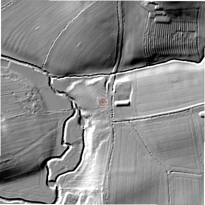 Shaded relief map of the ground around CV365AD, computed from Environment Agency LiDAR. The ground here sits at about 64 m above sea level and falls 23 m across the surrounding 800 m. Surface water reaching this point runs off ground lying to the east-south-east, 2.4 m higher.