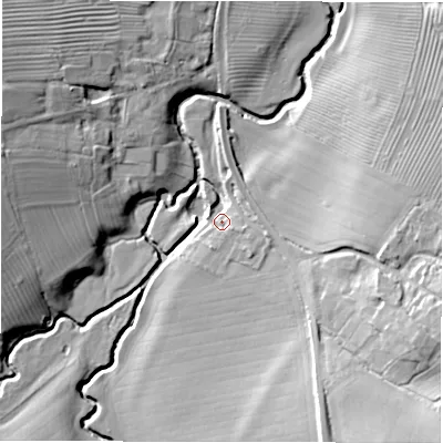 Shaded relief map of the ground around CV365AE, computed from Environment Agency LiDAR. The ground here sits at about 68 m above sea level and falls 25 m across the surrounding 800 m. Surface water reaching this point runs off ground lying to the east-south-east, 6.3 m higher.