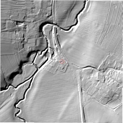 Shaded relief map of the ground around CV365AF, computed from Environment Agency LiDAR. The ground here sits at about 70 m above sea level and falls 27 m across the surrounding 800 m. Surface water reaching this point runs off ground lying to the east-south-east, 2.2 m higher.