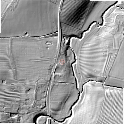 Shaded relief map of the ground around CV365AH, computed from Environment Agency LiDAR. The ground here sits at about 69 m above sea level and falls 20 m across the surrounding 800 m. Surface water reaching this point runs off ground lying to the north, 14.7 m higher.