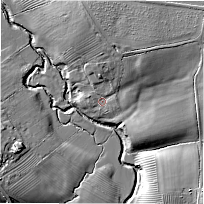 Shaded relief map of the ground around CV365AY, computed from Environment Agency LiDAR. The ground here sits at about 67 m above sea level and falls 20 m across the surrounding 800 m. Surface water reaching this point runs off ground lying to the north-north-east, 10.8 m higher.