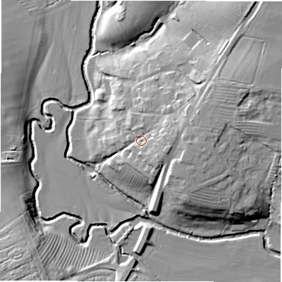 Shaded relief map of the ground around CV365BY, computed from Environment Agency LiDAR. The ground here sits at about 60 m above sea level and falls 20 m across the surrounding 800 m. Surface water reaching this point runs off ground lying to the east-north-east, 6.6 m higher.