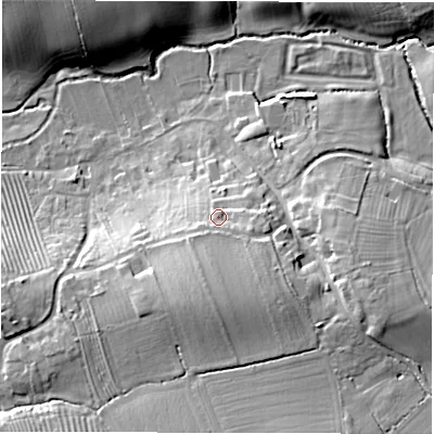 Shaded relief map of the ground around CV365HG, computed from Environment Agency LiDAR. The ground here sits at about 94 m above sea level and falls 17 m across the surrounding 800 m. Surface water reaching this point runs off ground lying to the south, 6.7 m higher.