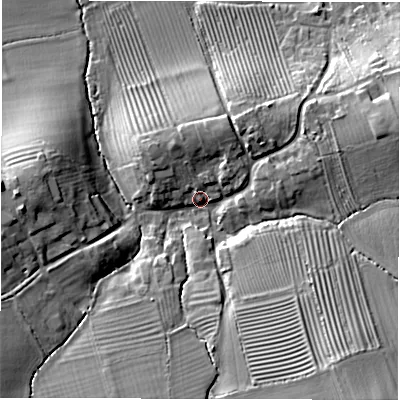 Shaded relief map of the ground around CV365HS, computed from Environment Agency LiDAR. The ground here sits at about 89 m above sea level and falls 22 m across the surrounding 800 m. Surface water reaching this point runs off ground lying to the south-east, 15.7 m higher.