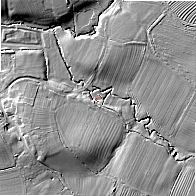 Shaded relief map of the ground around CV365JA, computed from Environment Agency LiDAR. The ground here sits at about 87 m above sea level and falls 15 m across the surrounding 800 m. Surface water reaching this point runs off ground lying to the south, 4.4 m higher.