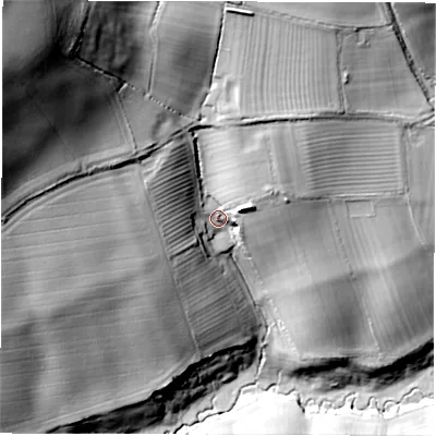 Shaded relief map of the ground around CV365JB, computed from Environment Agency LiDAR. The ground here sits at about 119 m above sea level and falls 77 m across the surrounding 800 m. Surface water reaching this point runs off ground lying to the north-west, 58.4 m higher.