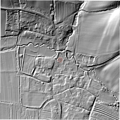 Shaded relief map of the ground around CV365JJ, computed from Environment Agency LiDAR. The ground here sits at about 104 m above sea level and falls 28 m across the surrounding 800 m. Surface water reaching this point runs off ground lying to the south-south-east, 7.2 m higher.