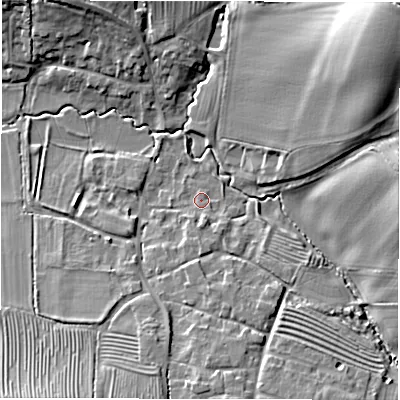 Shaded relief map of the ground around CV365JL, computed from Environment Agency LiDAR. The ground here sits at about 105 m above sea level and falls 29 m across the surrounding 800 m. Surface water reaching this point runs off ground lying to the south, 2.5 m higher.