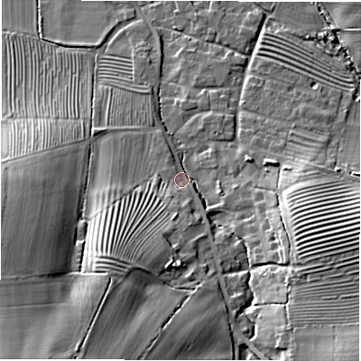 Shaded relief map of the ground around CV365JS, computed from Environment Agency LiDAR. The ground here sits at about 112 m above sea level and falls 31 m across the surrounding 800 m. Surface water reaching this point runs off ground lying to the south-south-west, 21.8 m higher.